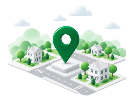 Illustration of local businesses and neighborhood services around a map pin
